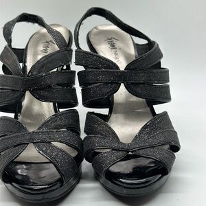Women's Open Toe Black Sparkle Ankle Strap Heels